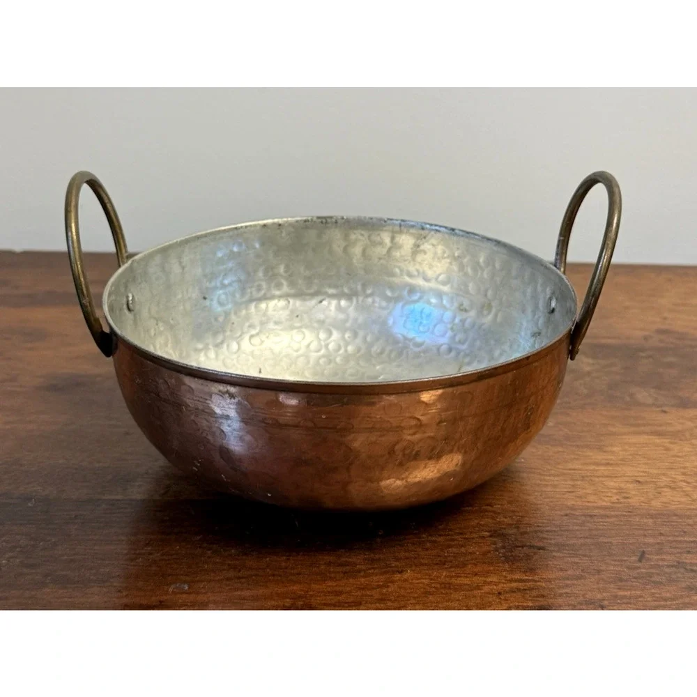 Vintage Hammered Copper Bowl Pot Tin Lined Brass Handles 6